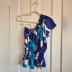 Rave Blue and White Floral One Shoulder Top